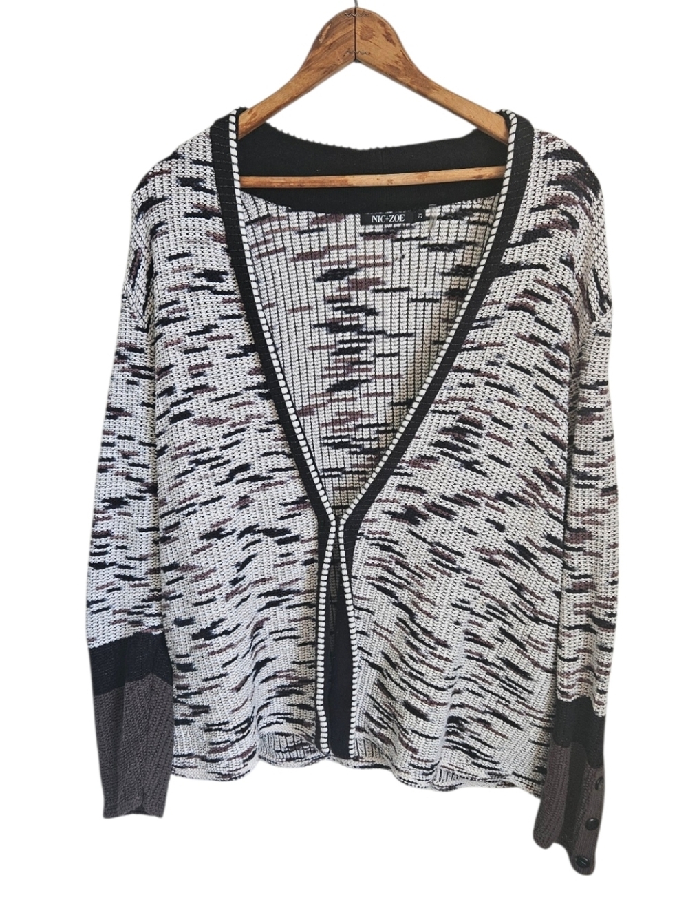 NIC+ZOE Striped Marbled Knit Cardigan in Black, White & Brown, Size 2X